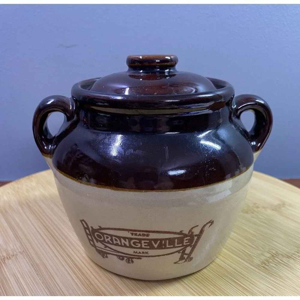 Orangeville Brown & Cream Crock with lid Made‎ in the USA 4.5